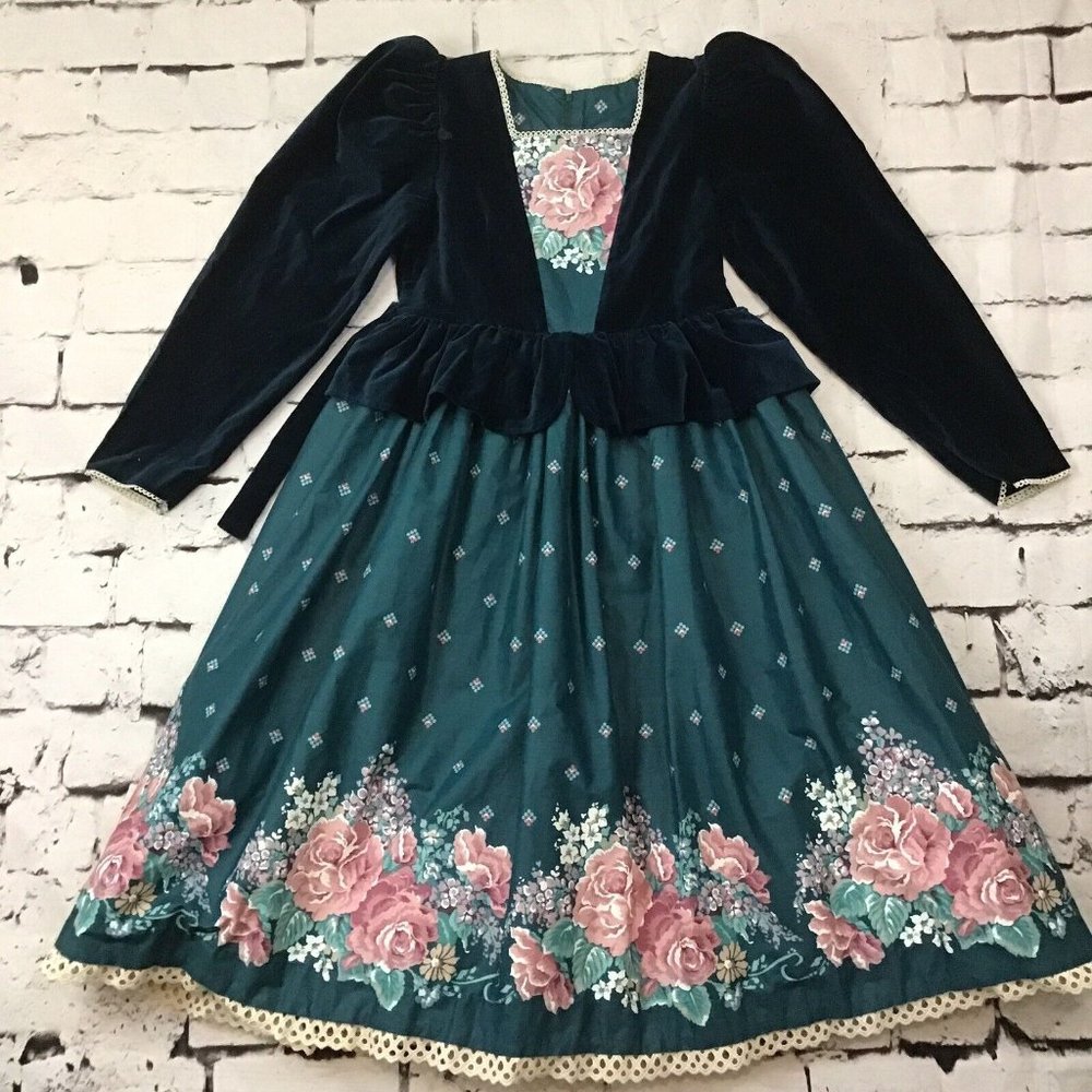 Daisy Kingdom Vintage Dress Girls Sz 12 Green Velvet Holiday Floral Flaws
